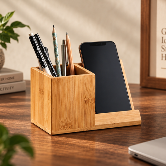 Wooden Mobile Stand with Pen Holder – Multi-Purpose Desk Organizer
